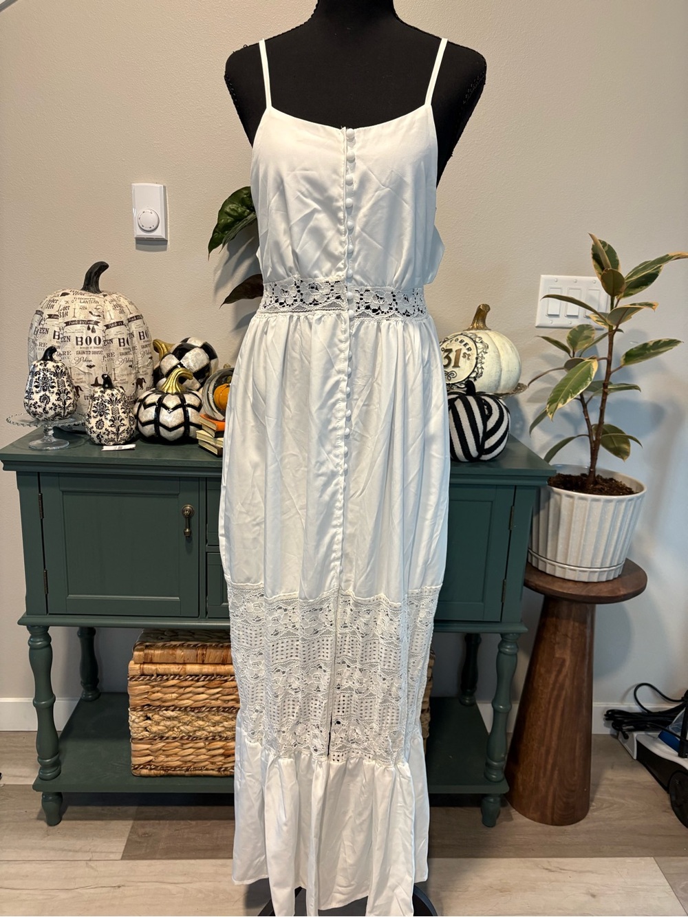 White Crochet-Accent Maxi Dress with Spaghetti Straps